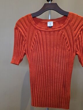 Cabi Perky Pullover Ribbed Short-Sleeve Sweater - Orange